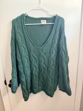 BDG Chunky Cable V-Neck Sweater in Teal